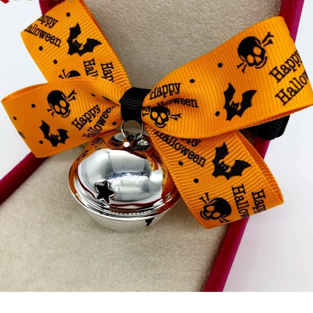 "Happy Halloween" Skulls/Bats Grosgrain Small Animal Pet Collar/Bell